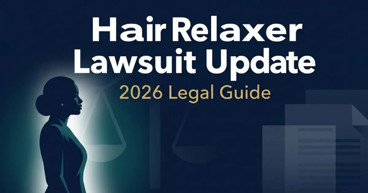 Hair relaxer lawsuit update 2026 legal guide banner with scales of justice and woman silhouette on navy background