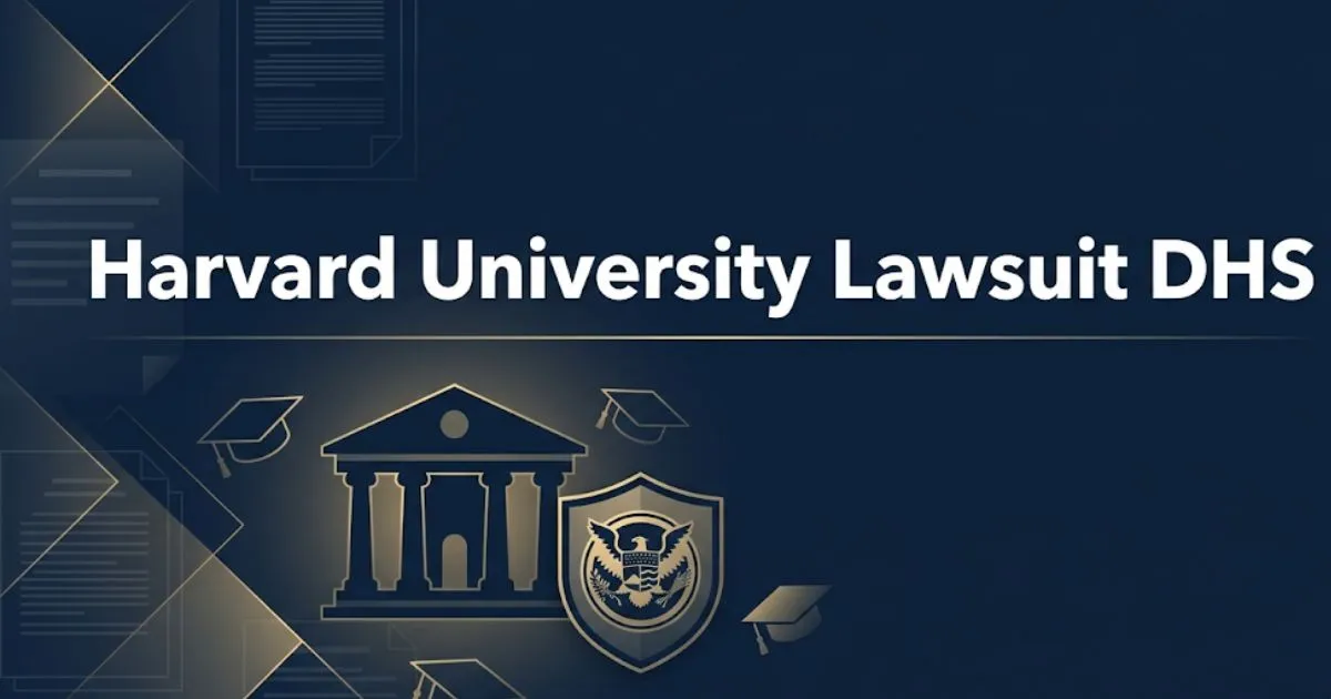 Harvard University lawsuit DHS 2026 case guide banner with legal symbols and courthouse silhouette