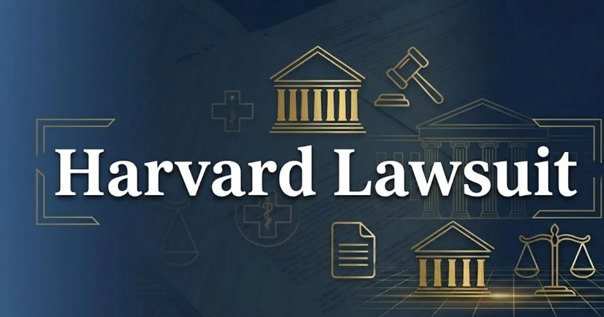 Harvard lawsuit 2026 legal banner with courthouse and university imagery