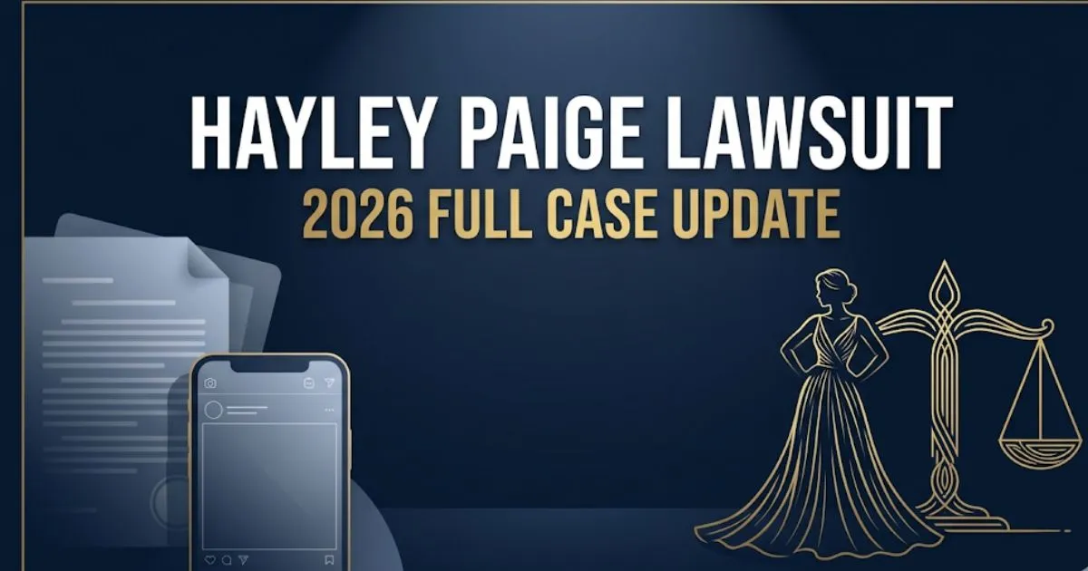 Hayley Paige lawsuit 2026 case update banner with legal scales and bridal silhouette on navy background