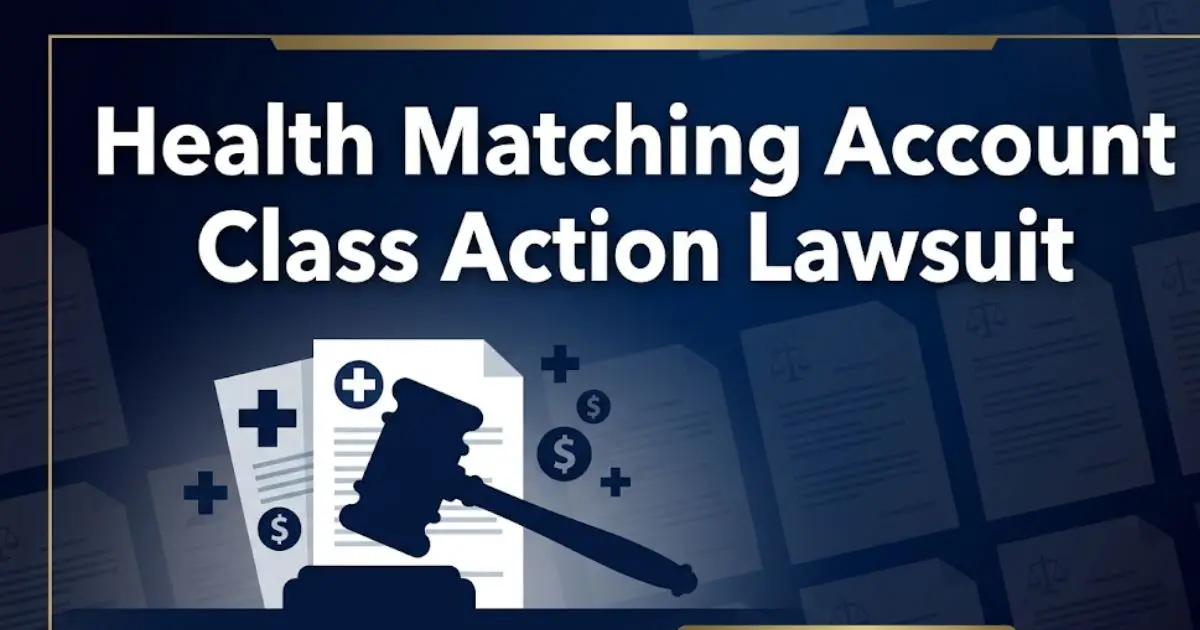 Health Matching Account Class Action Lawsuit 2026 banner with legal gavel and settlement documents
