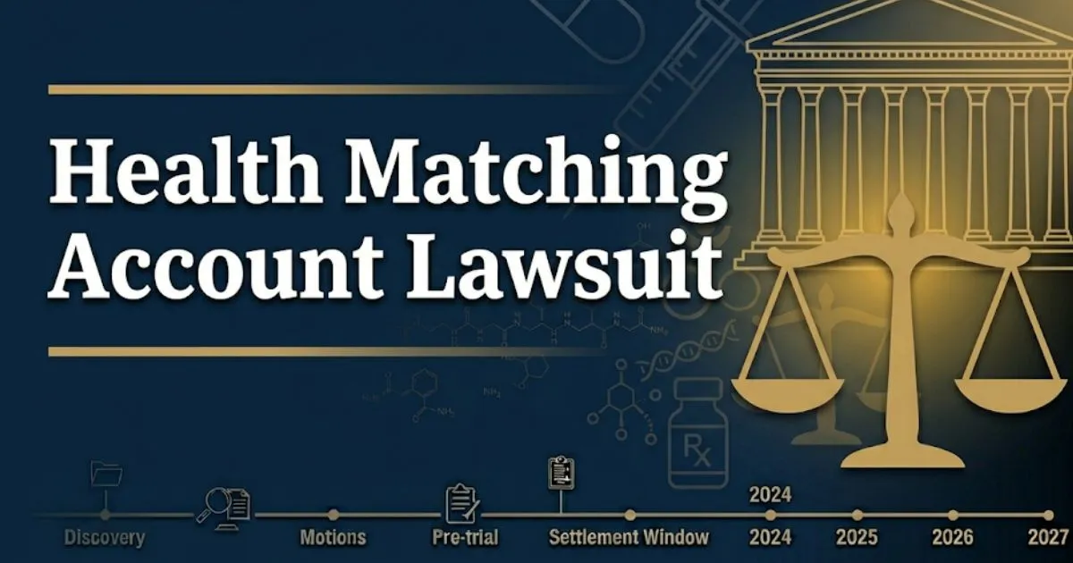 Health matching account lawsuit legal banner with courthouse silhouette and gold scales on navy background, 2026 guide