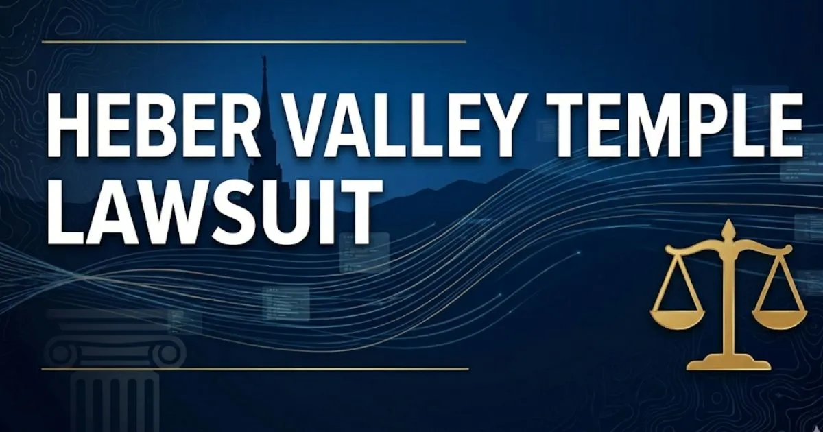 Heber Valley Temple Lawsuit 2026 legal breakdown banner with spire silhouette and courthouse icons on navy background