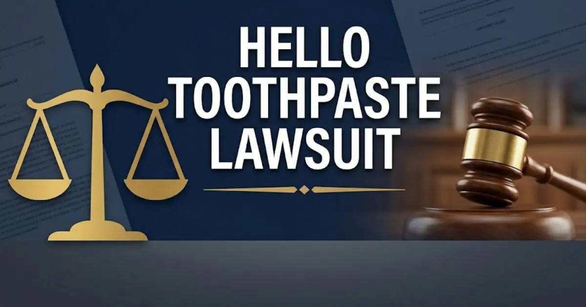 Hello toothpaste lawsuit 2026 settlement banner with gavel and scales of justice