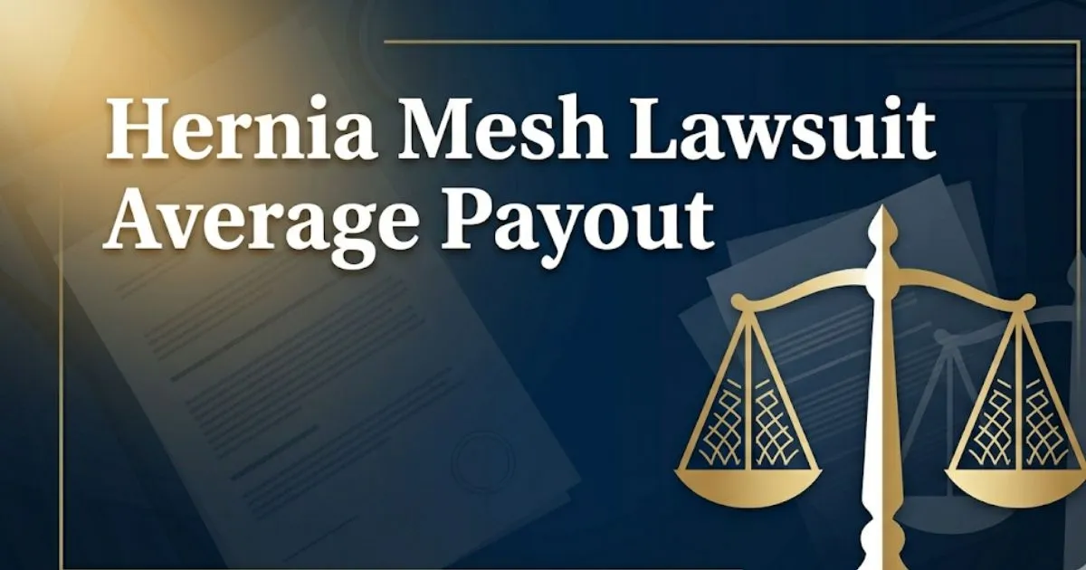 Hernia mesh lawsuit average payout 2026 guide banner showing legal scales and settlement compensation figures on navy background