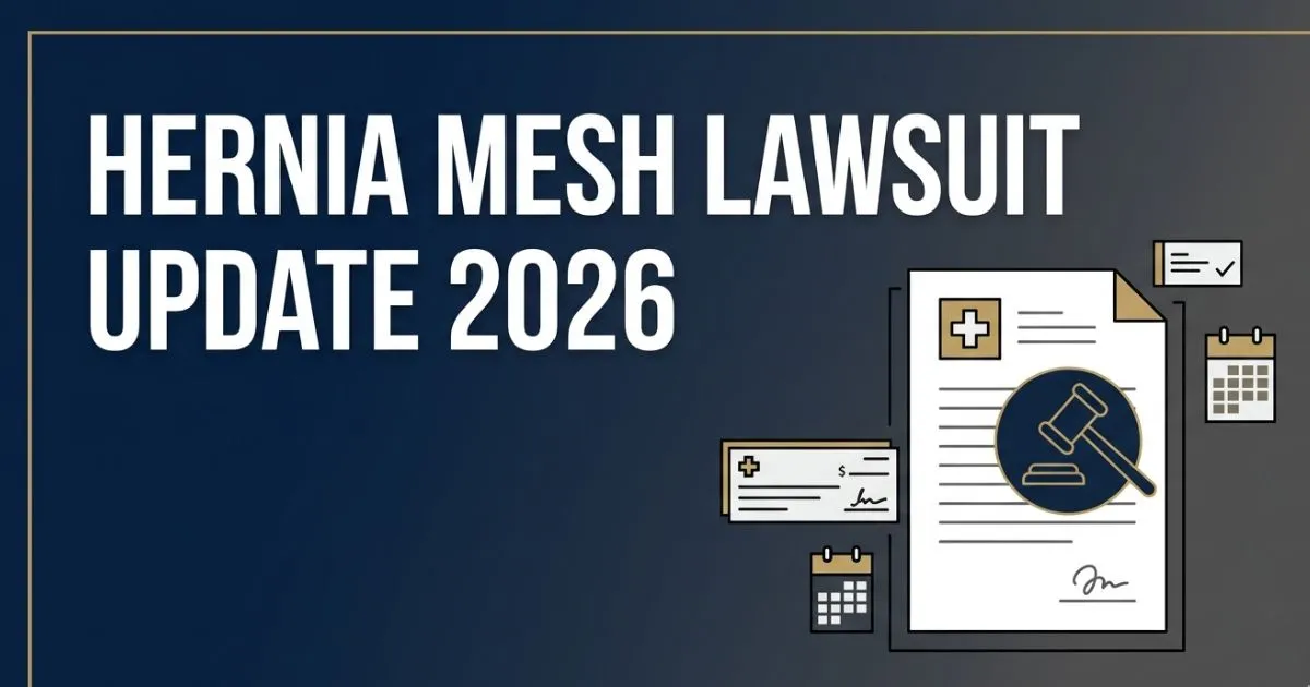 Hernia mesh lawsuit update 2026 banner showing settlement deadlines and payout information for medical device claims