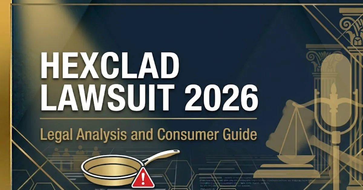 HexClad Lawsuit 2026 editorial banner with hexagonal pan silhouette and legal symbols on navy background
