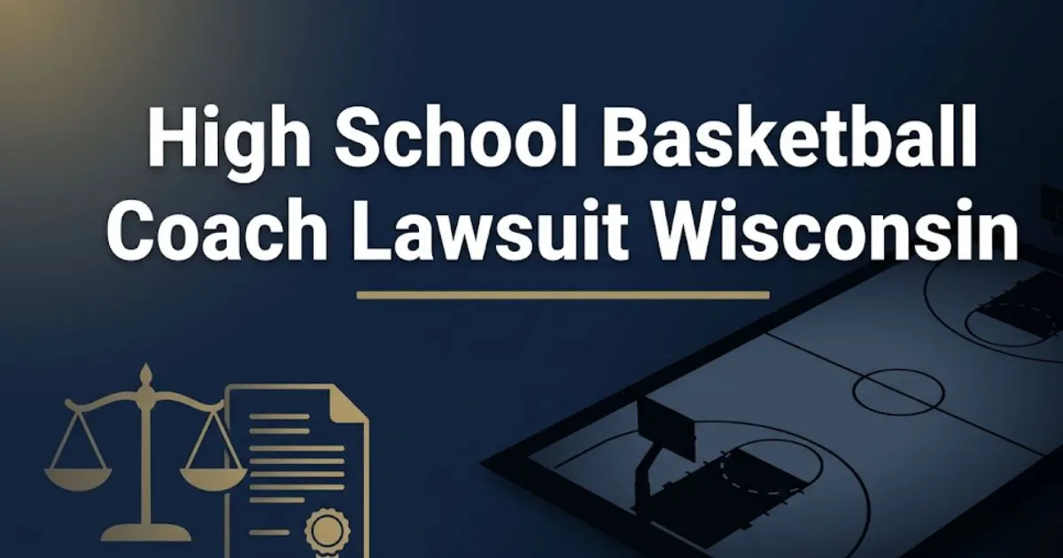 High school basketball coach lawsuit Wisconsin 2026 legal guide banner with court silhouette and legal scale icons