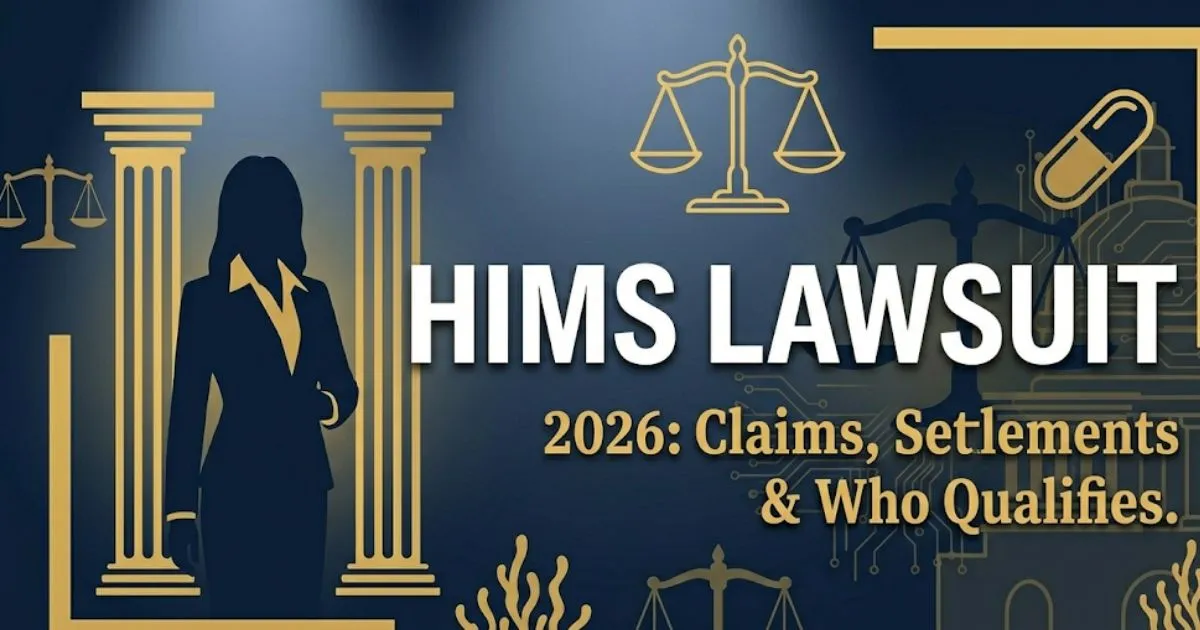 Hims lawsuit 2026 blog banner showing legal scales, pill capsule icon, and bold headline text on deep navy background