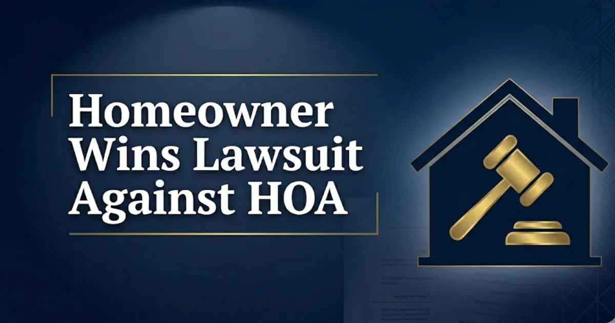 Homeowner wins lawsuit against HOA legal guide banner showing house silhouette, gavel icon, and bold headline text