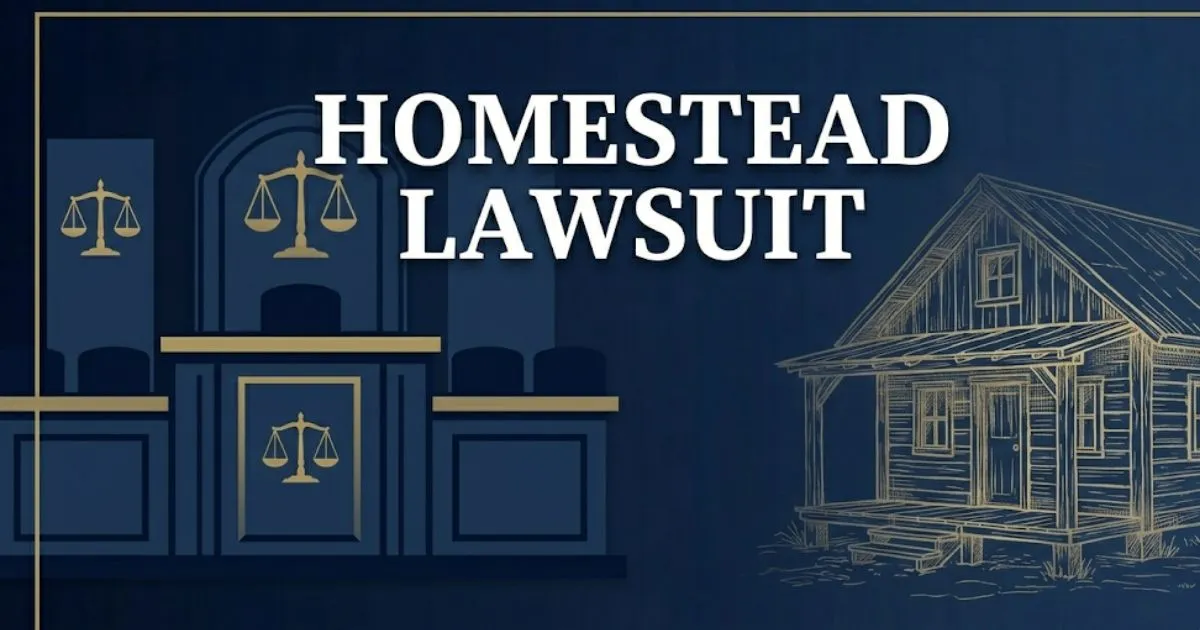 Homestead Rescue lawsuit 2026 legal breakdown banner with scales of justice and homestead silhouette on navy background