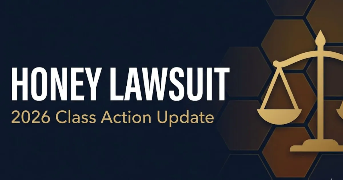 Honey lawsuit 2026 hero banner showing legal scales and honeycomb design with bold lawsuit headline text on navy background
