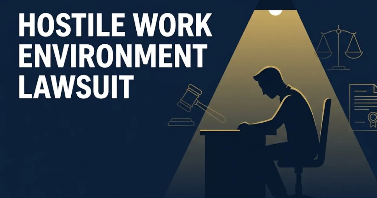Hostile work environment lawsuit guide 2026 banner with legal icons and silhouette on navy background