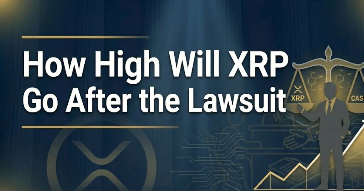 How high will XRP go after the lawsuit in 2026 price prediction blog banner with legal scales and chart