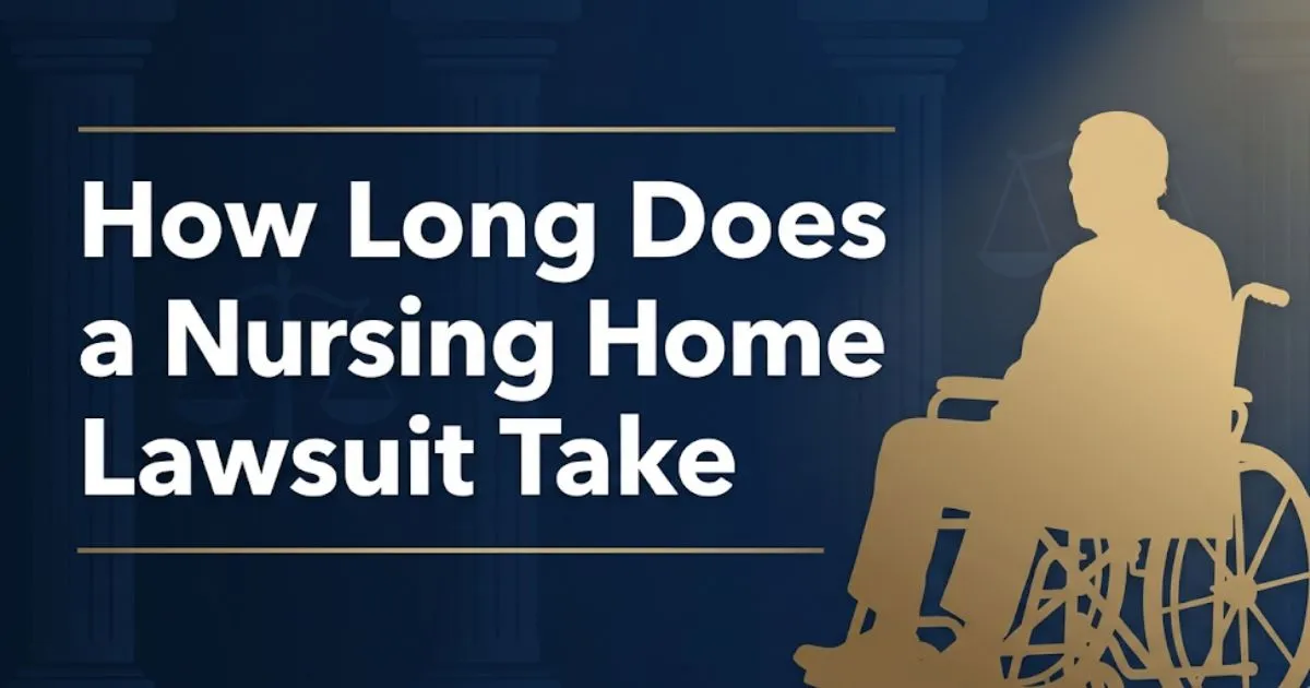 How long does a nursing home lawsuit take chart with legal scale icons and timeline graphic on navy background