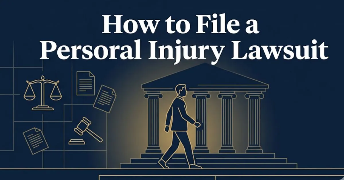 How to File a Personal Injury Lawsuit guide banner with courthouse silhouette and legal symbols on navy background