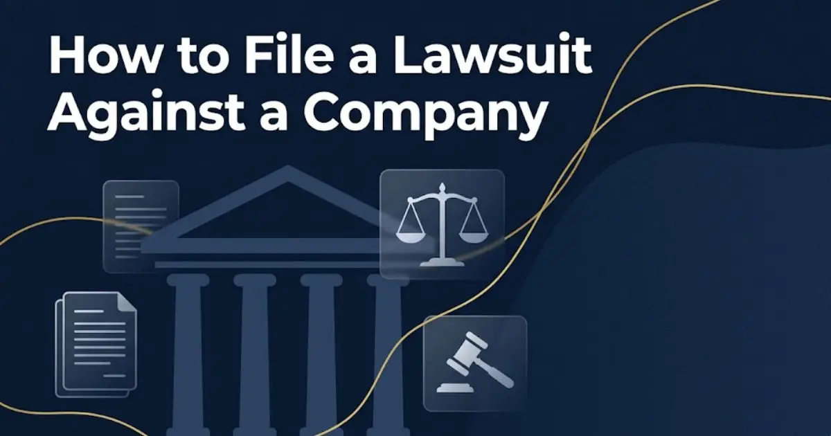 How to file a lawsuit against a company guide with courthouse and legal symbols in navy and gold design