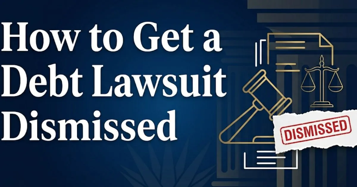 How to get a debt lawsuit dismissed guide showing legal symbols and dismissed stamp