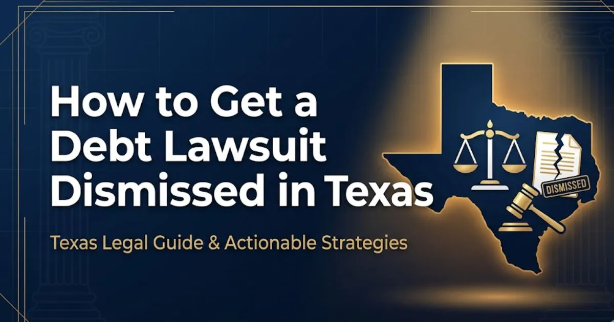 How to get a debt lawsuit dismissed in Texas guide with legal symbols and Texas outline