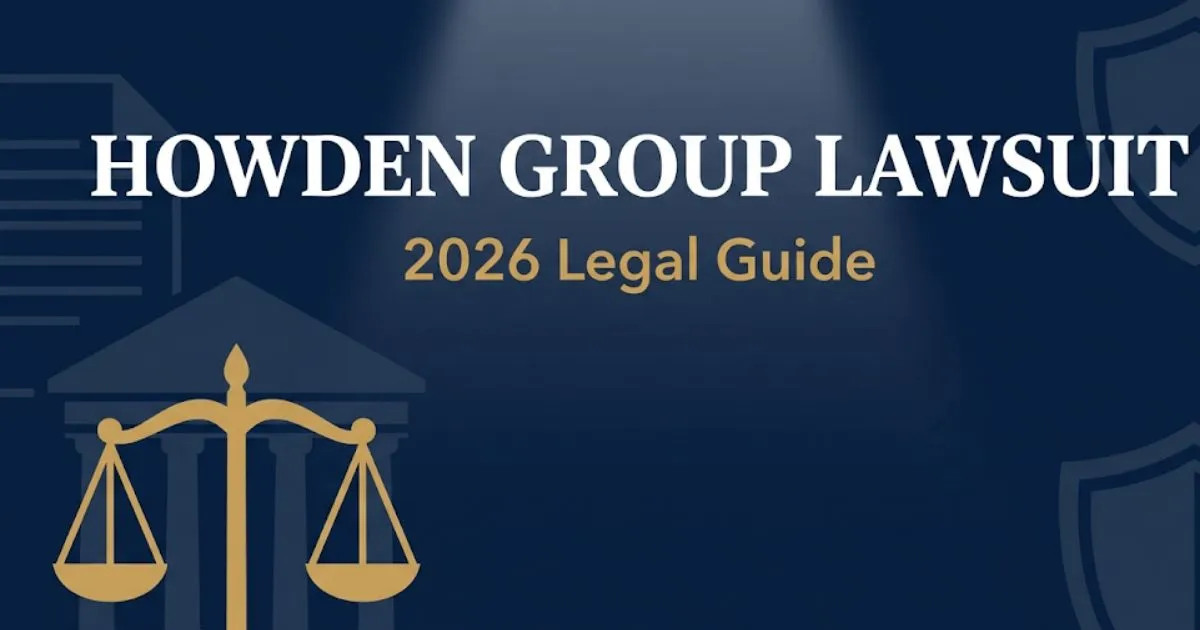 Howden Group Lawsuit 2026 legal guide banner with courthouse silhouette and scales of justice icons