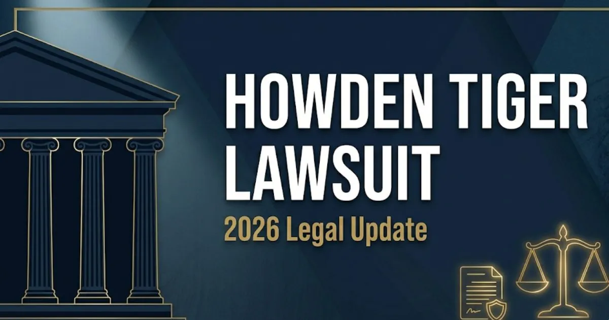 Howden Tiger Lawsuit 2026 legal update banner with courthouse silhouette and scales of justice on navy background