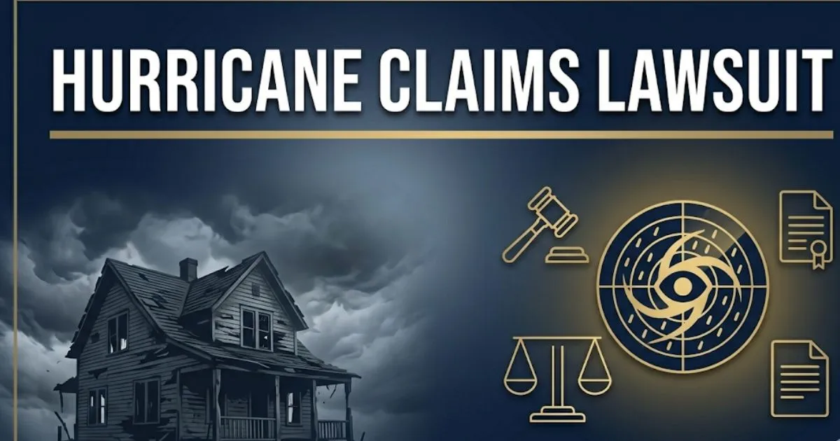 Hurricane claims lawsuit legal guide banner with gavel, damaged home silhouette, and storm imagery on navy background