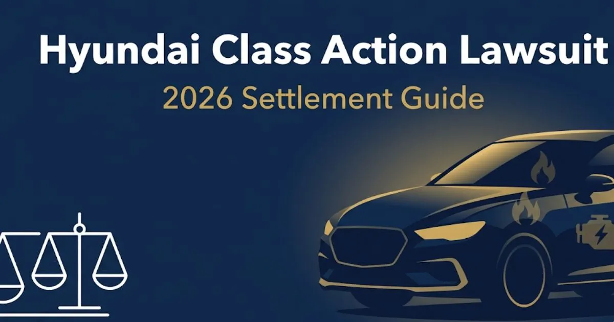 Hyundai class action lawsuit 2026 settlement guide banner with legal scales and car silhouette on navy background