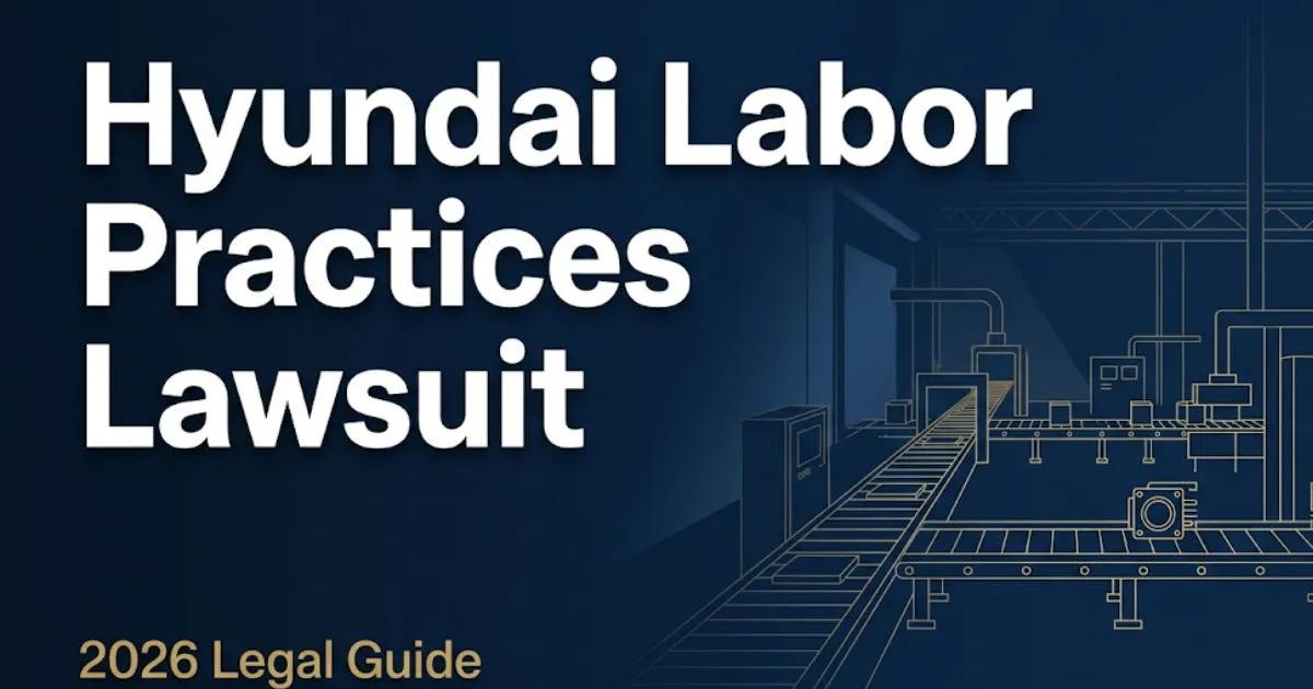 Hyundai labor practices lawsuit 2026 legal guide banner with factory silhouette on navy background