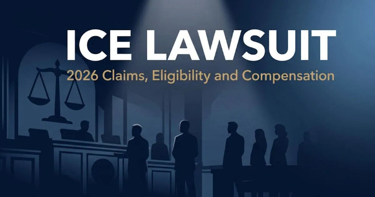 ICE lawsuit 2026 banner showing scales of justice silhouette and eligibility claim information for detention lawsuits
