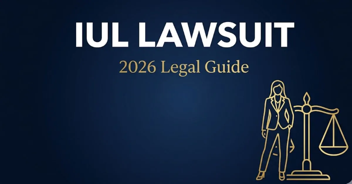 IUL lawsuit 2026 legal guide banner showing scales of justice and bold title text on navy background