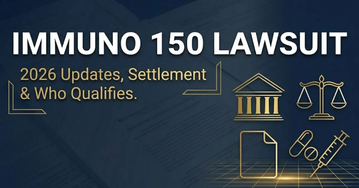 Immuno 150 lawsuit 2026 legal banner showing settlement updates and eligibility information for supplement consumers