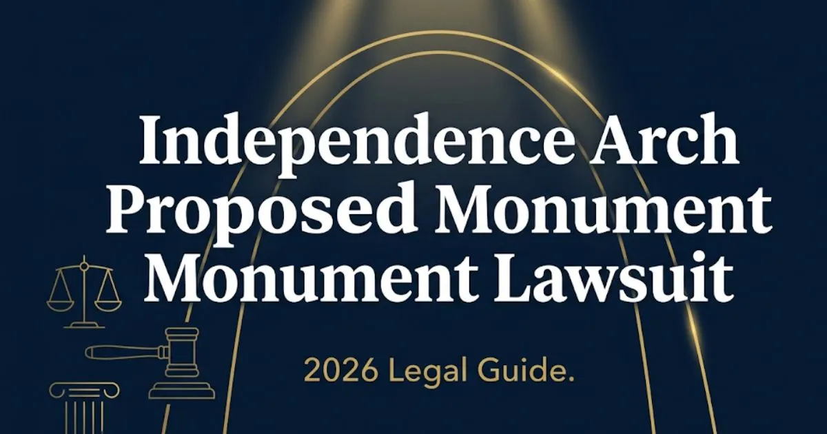 Independence Arch Proposed Monument Lawsuit 2026 legal guide banner with arch silhouette and scales of justice
