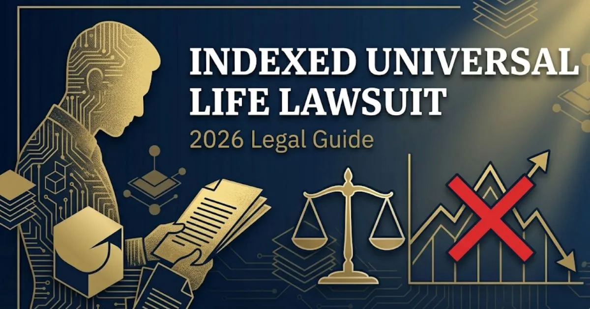 Indexed universal life lawsuit 2026 guide banner with scales of justice and financial chart on navy background