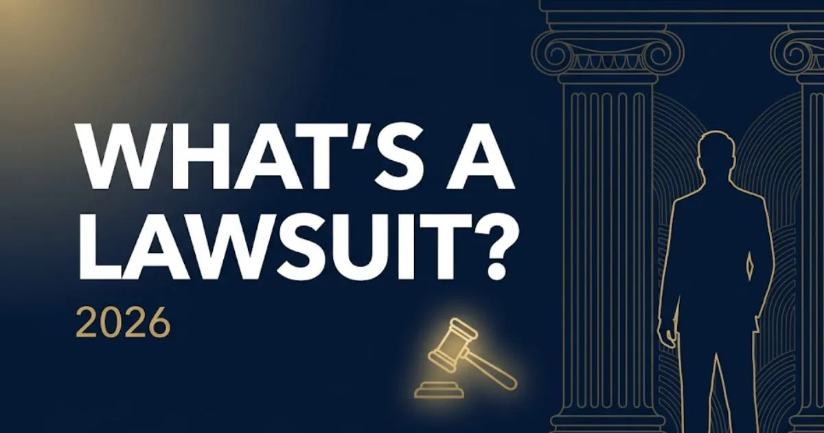 Infographic banner explaining whats a lawsuit with courthouse silhouette and bold legal headline for 2026
