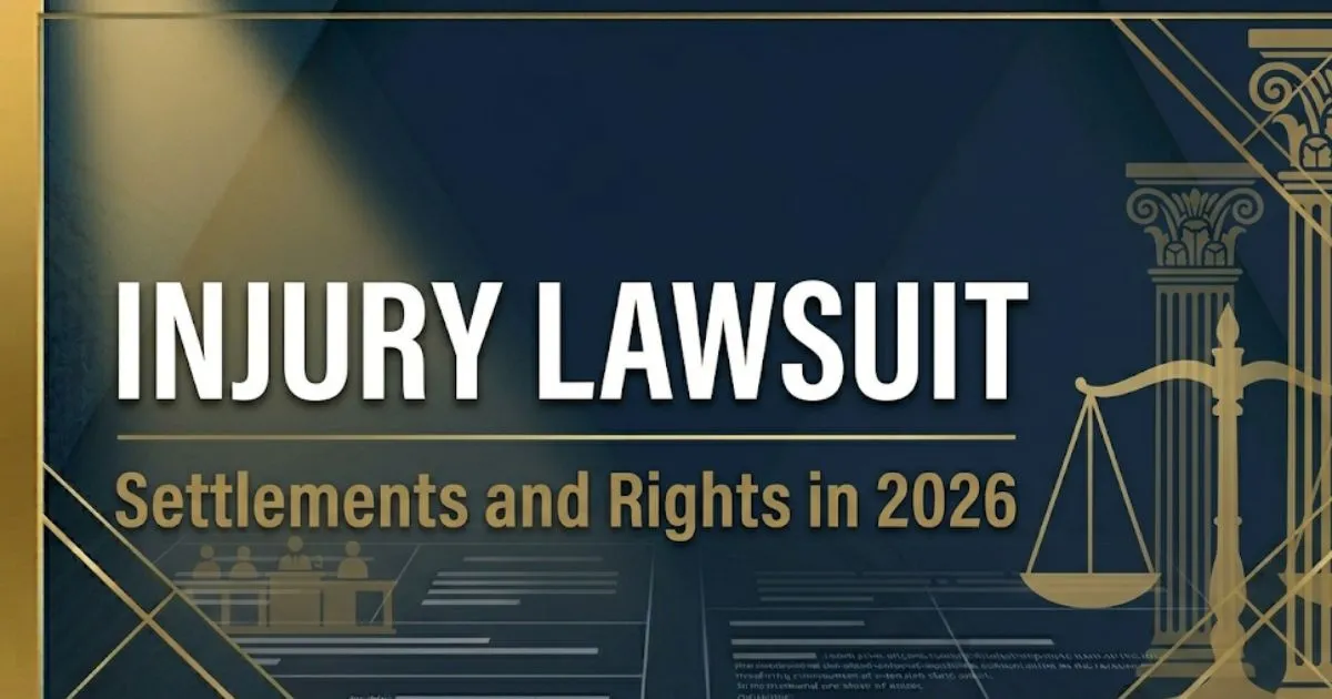 Injury lawsuit guide 2026 hero banner showing bold headline text with legal scales silhouette on navy background