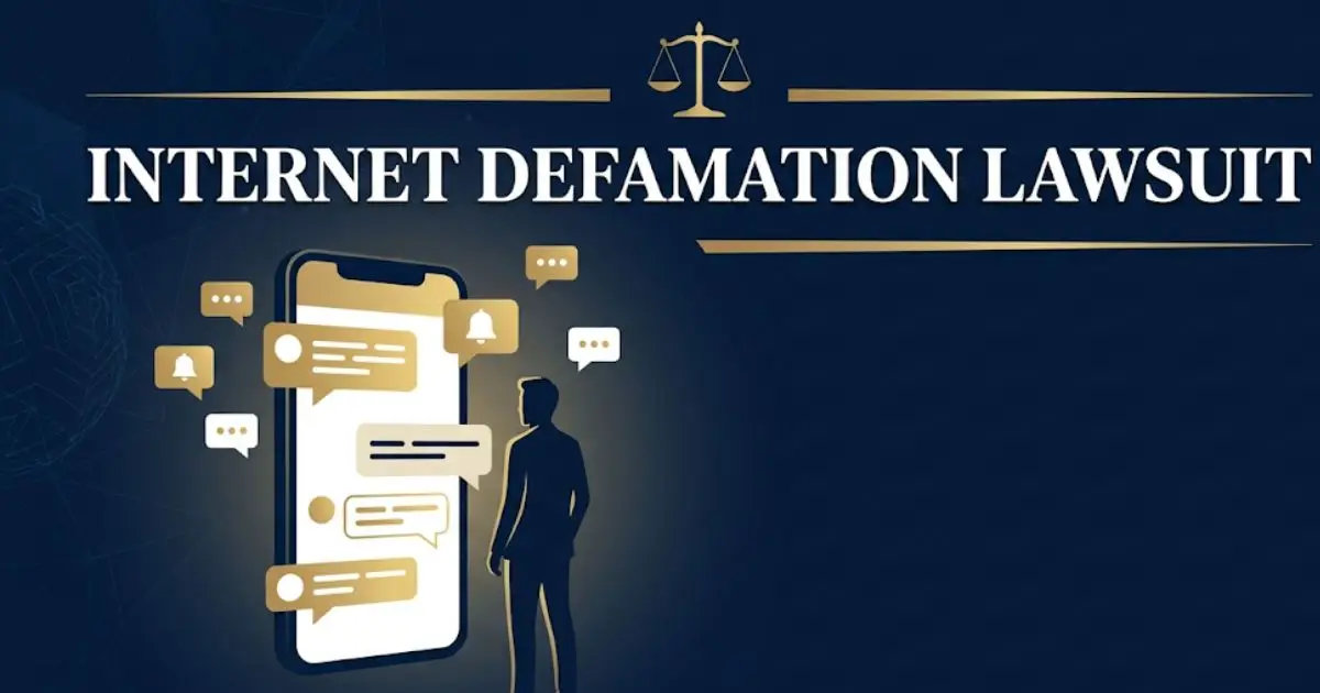 Internet defamation lawsuit guide banner with legal scales and social media icons on navy background