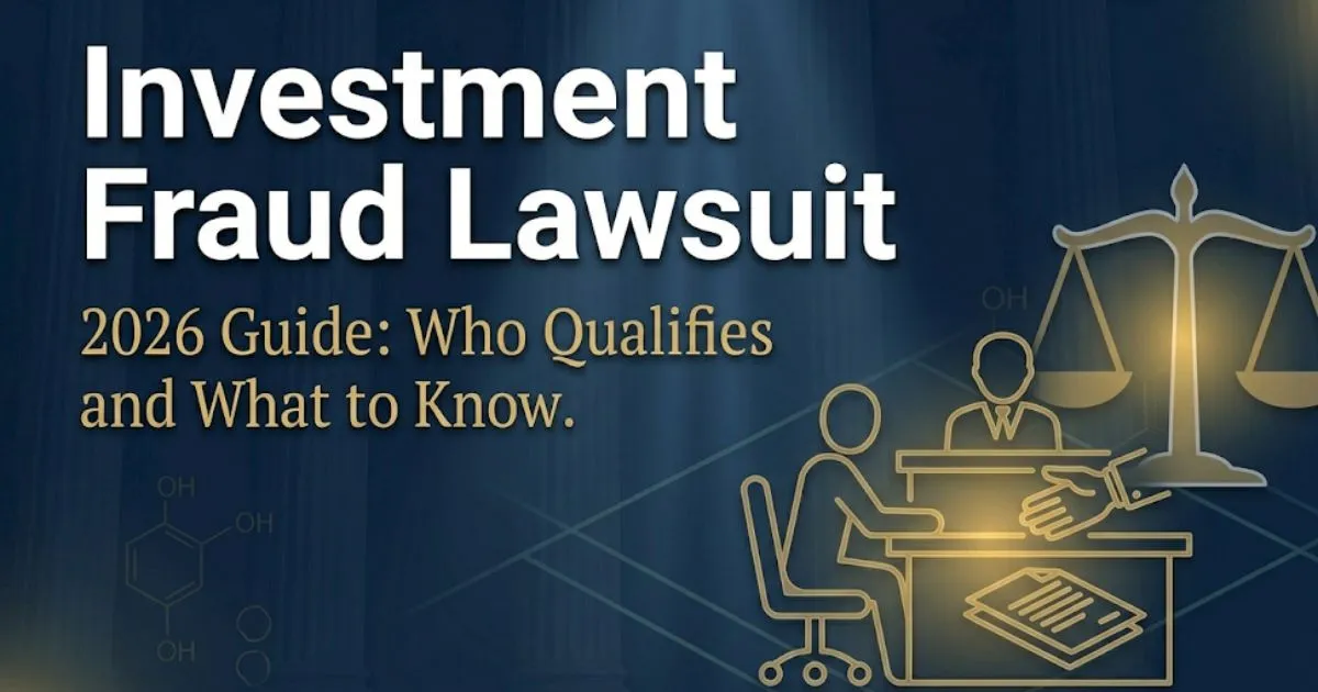 Investment fraud lawsuit 2026 guide banner with legal scale icon and navy gold design for investor claims