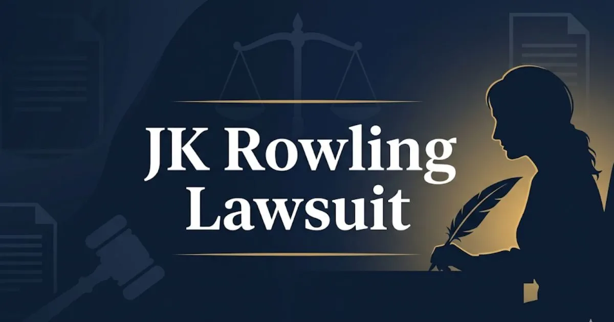 JK Rowling lawsuit 2026 legal banner with gavel and scales of justice imagery