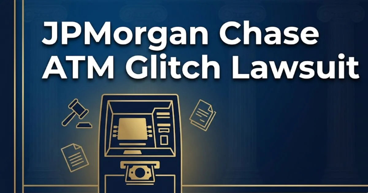 JPMorgan Chase ATM glitch lawsuit banner with gavel and ATM icons on navy background