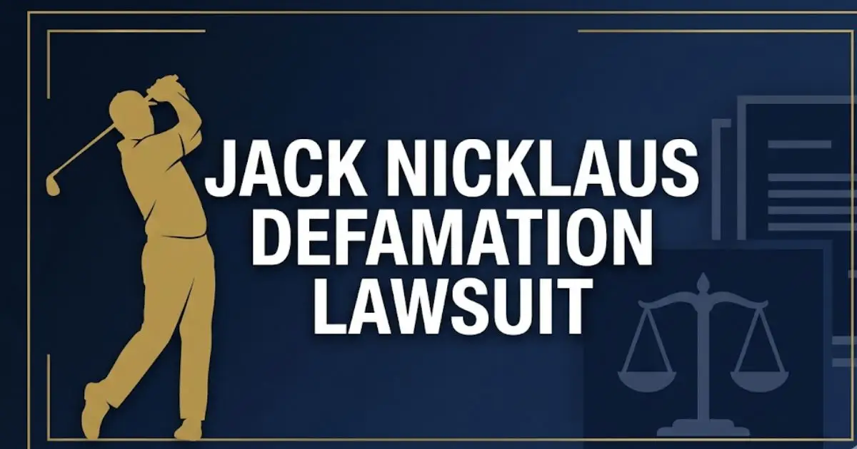 Jack Nicklaus defamation lawsuit legal news banner with golf and justice symbols on navy background