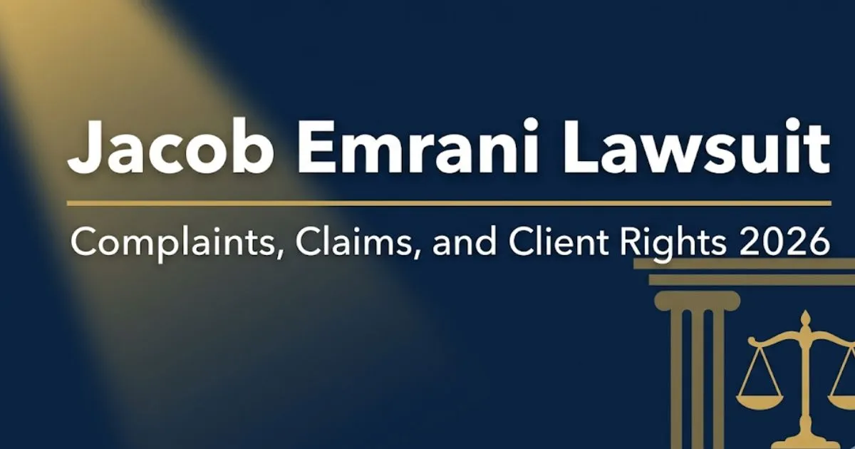 Jacob Emrani lawsuit guide banner showing legal scales and courthouse icon with bold headline text on navy background