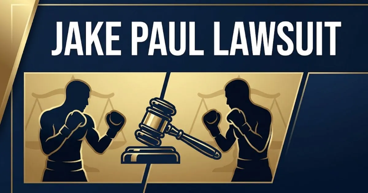Jake Paul lawsuit 2026 legal news banner with boxing silhouettes and courtroom gavel imagery