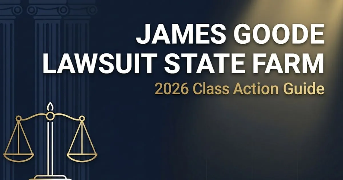 James Goode lawsuit State Farm 2026 class action guide banner with legal scales and courthouse icons on navy background