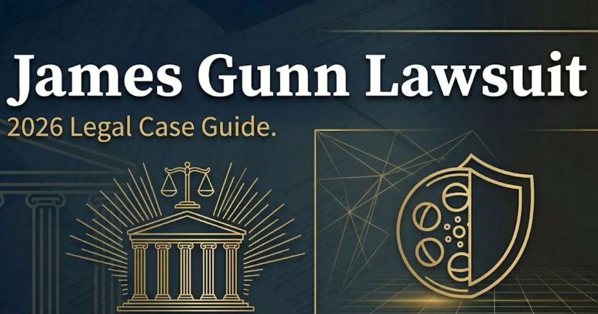 James Gunn lawsuit 2026 legal case guide blog banner with courthouse and film icons