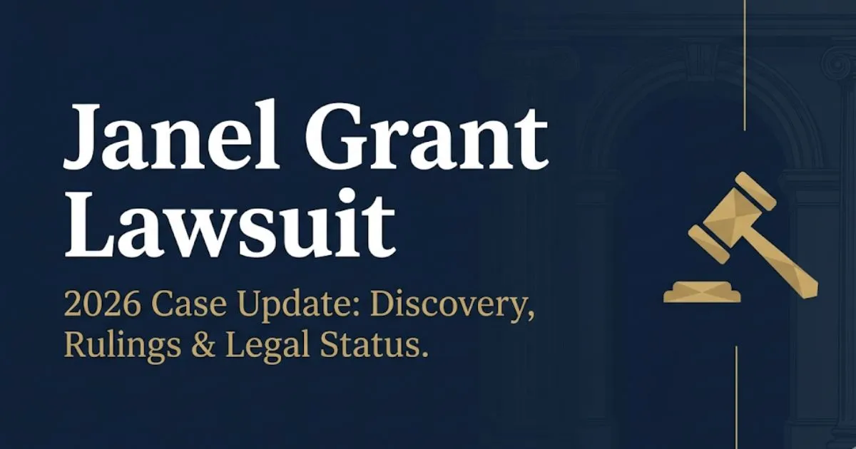 Janel Grant Lawsuit 2026 blog banner with gavel icon and courthouse silhouette on navy background