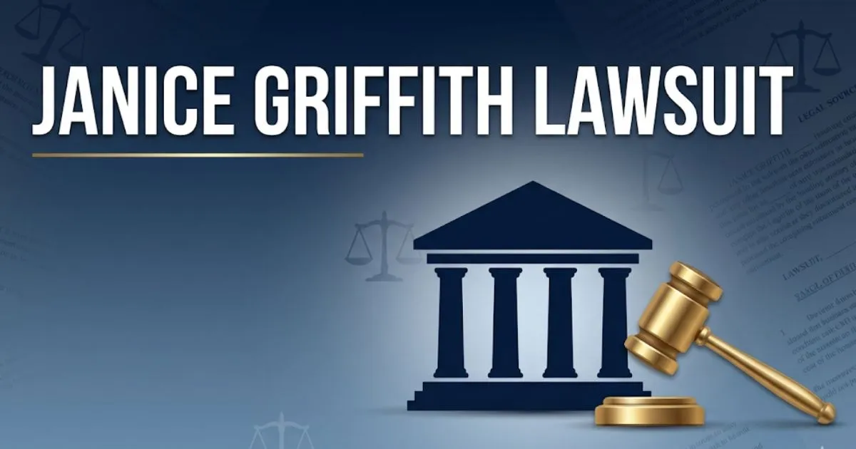 Janice Griffith lawsuit legal banner with courthouse silhouette and gavel icon