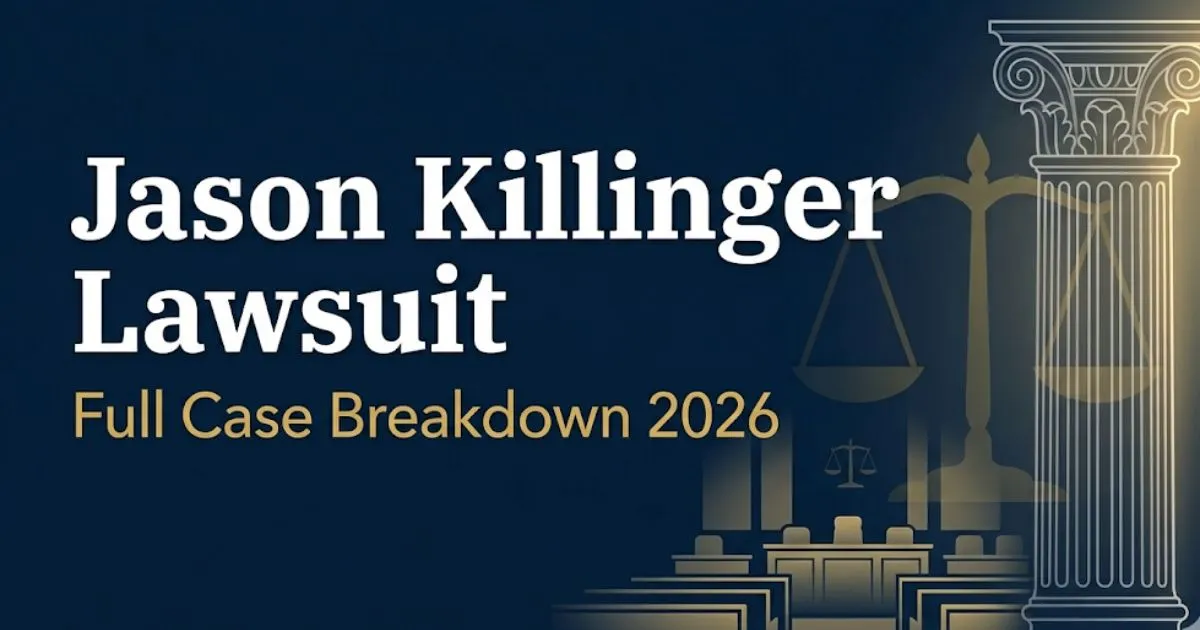 Jason Killinger Lawsuit hero banner with bold legal headline text and scales of justice icon, 2026 case breakdown