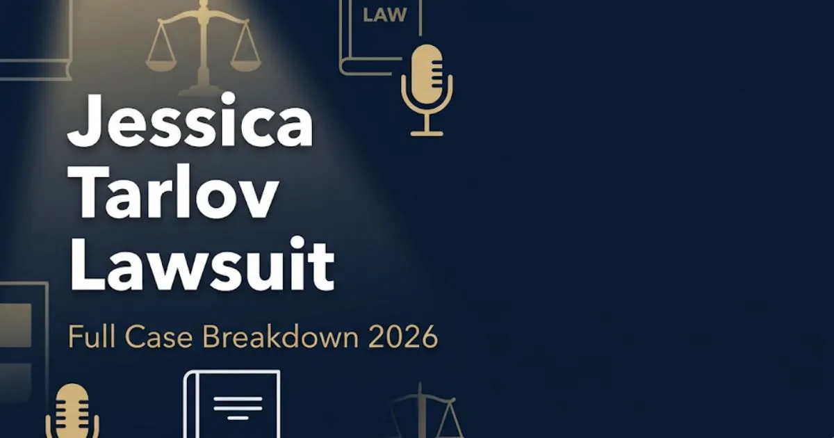 Jessica Tarlov lawsuit 2026 full case breakdown banner with legal scale and broadcast icons on navy background