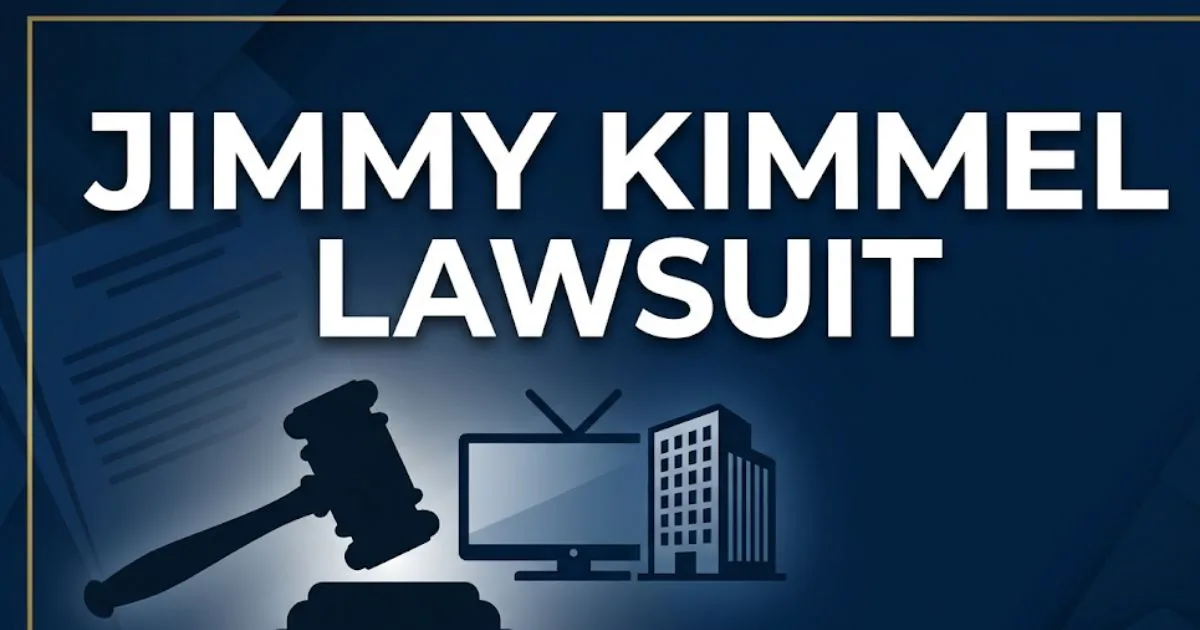 Jimmy Kimmel lawsuit banner with gavel and legal symbols in navy and gold design