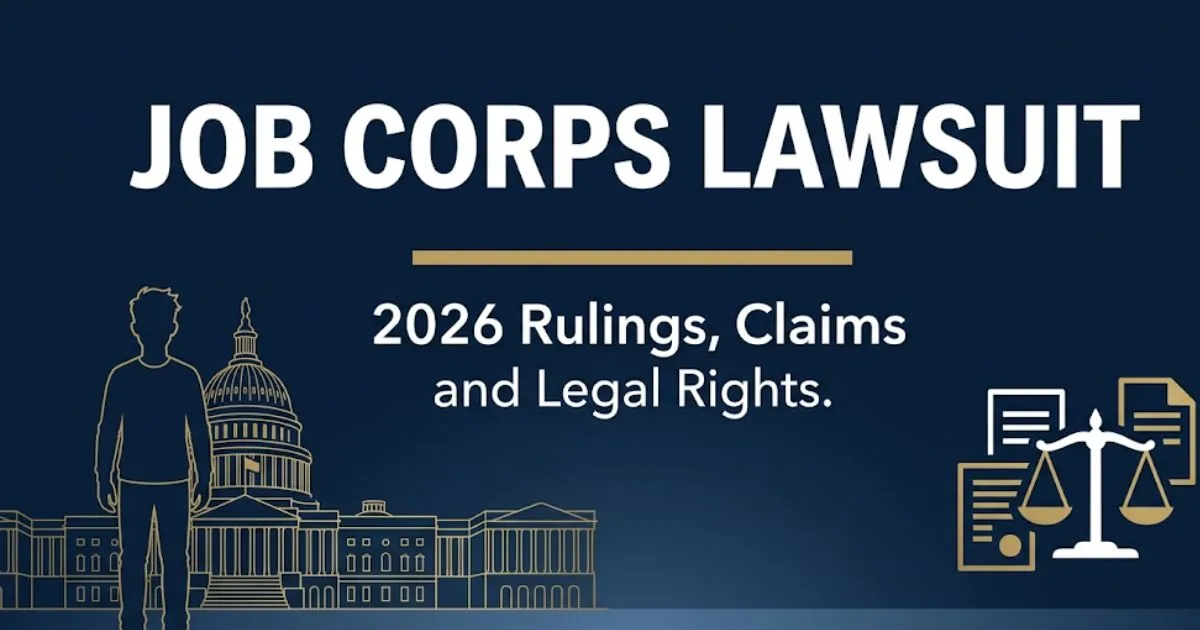 Job Corps Lawsuit 2026 hero banner with bold headline text, scales of justice icons, and deep navy legal design